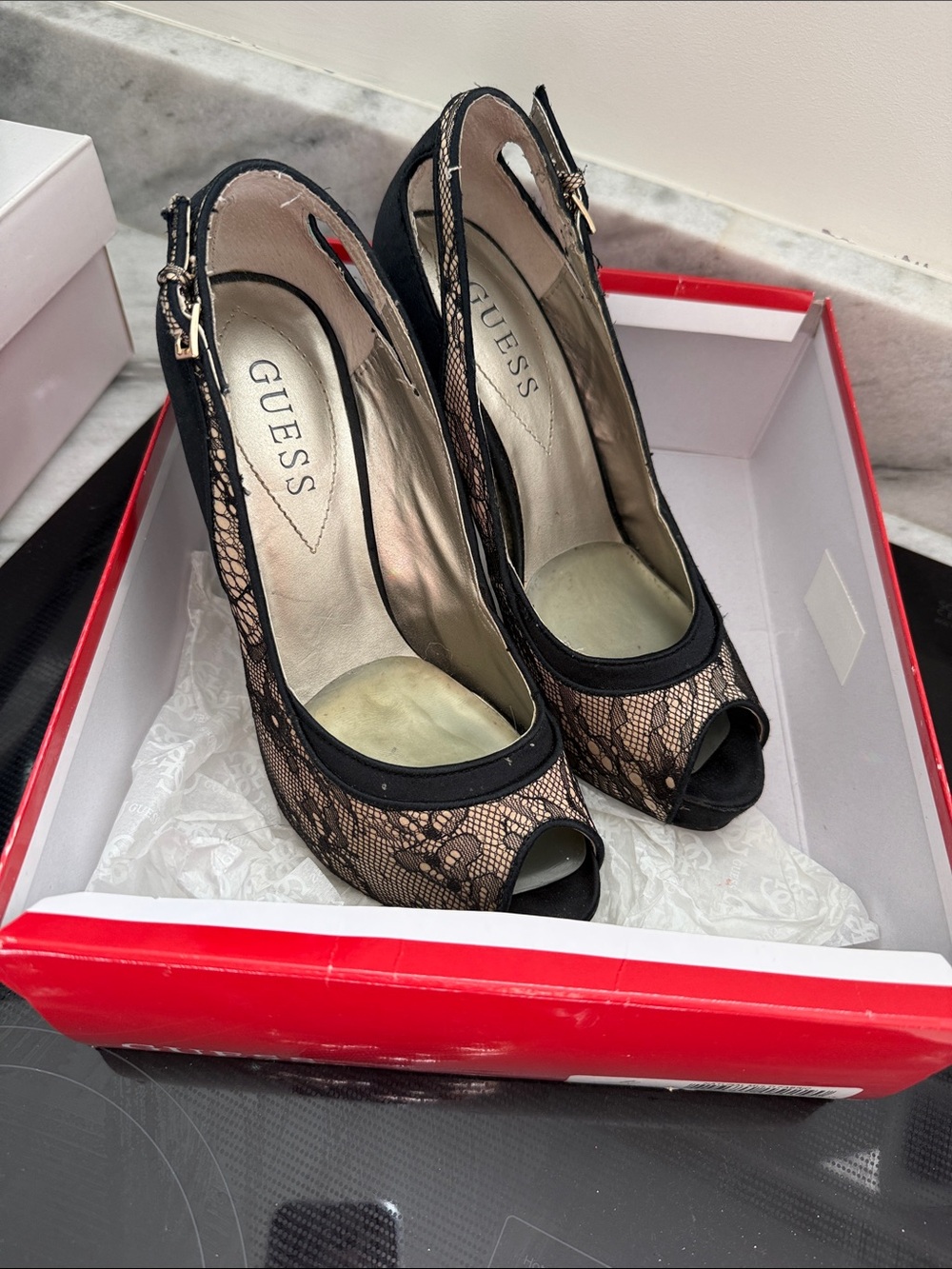 GUESS Black Lace Peep-Toe Slingbacks with Nude Underlay